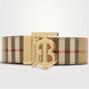 Burberry Tan Plaid Belt with Gold Buckle